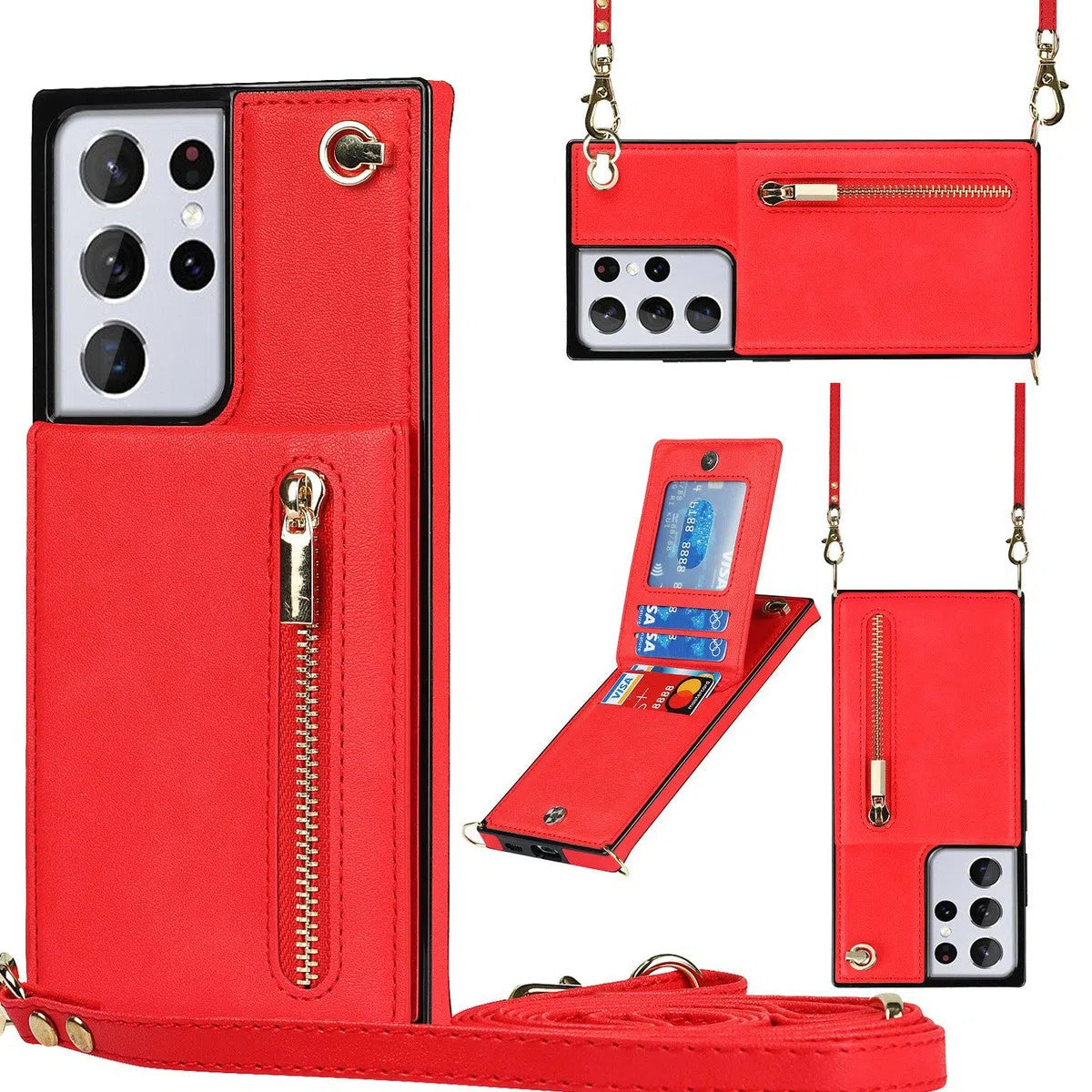 Buy Crossbody Wallet Phone Case, 5 Card Slots, Premium Leather, Kickstand Shockproof Case, Alima at Caseles-Samsung Galaxy S25 Ultra, Alima-Red