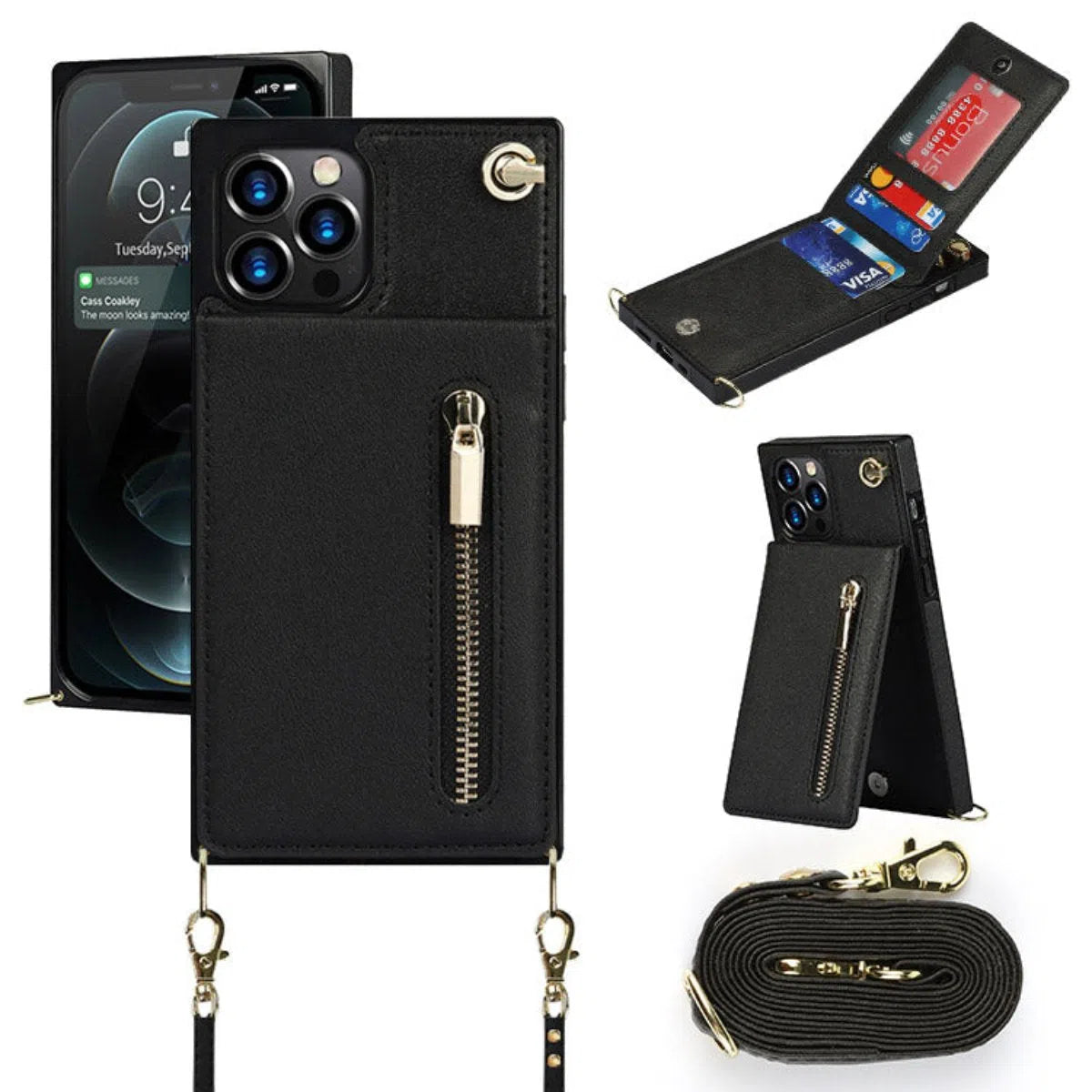 Buy Crossbody Wallet Phone Case, 5 Card Slots, Premium Leather, Kickstand Shockproof Case, Alina at Caseles-iPhone 16 Pro Max, Alina-Black