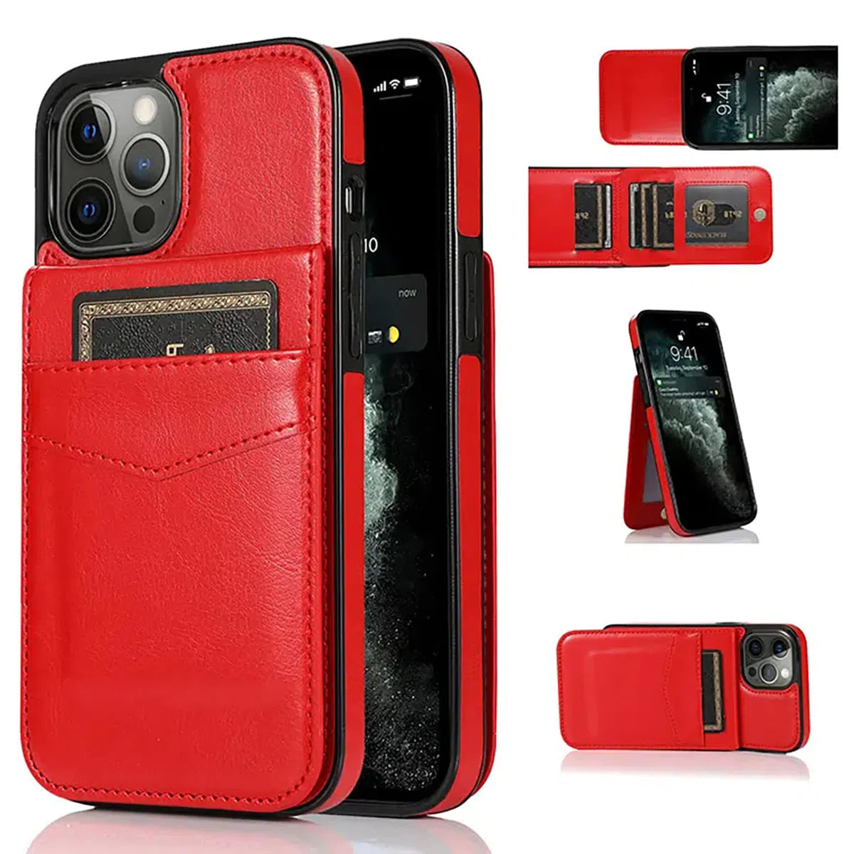 Buy Classic 5-6 Card Slots Wallet Phone Case, Premium Leather, Credit Card Holder, Flip, Kickstand Shockproof Case,Athena at Caseles-iPhone 16 Pro Max, Athena-Red