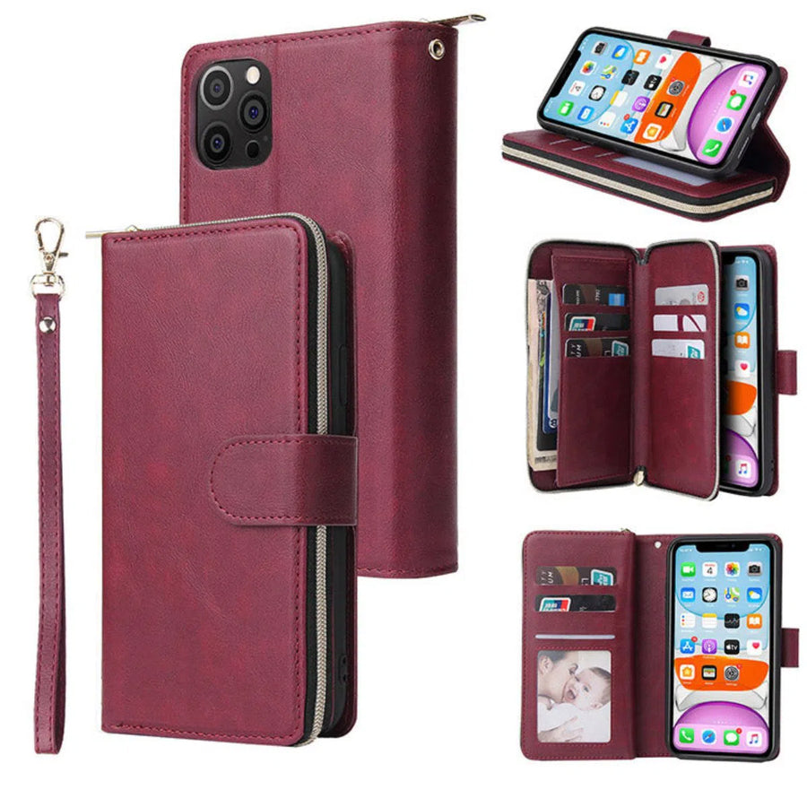 Buy Classic Wallet Phone Case, 9 Card Slots, Premium Leather, Credit Card Holder, Shockproof Case,Bakari at Caseles-iPhone 16 Pro Max, Bakari-Burgyndy