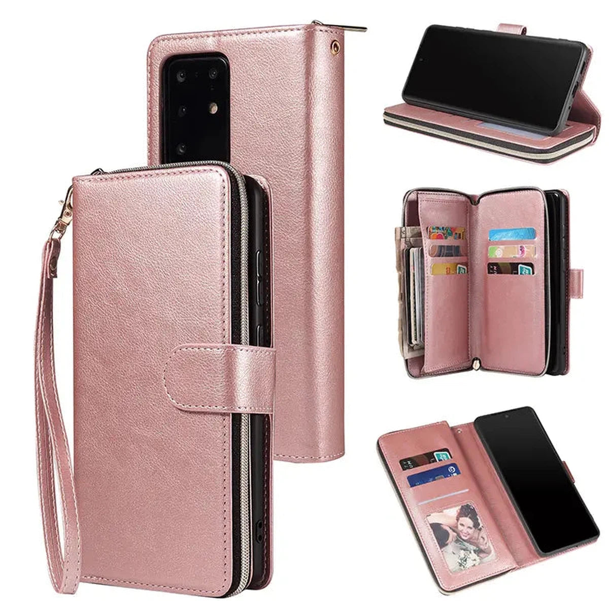 Buy Classic Wallet Phone Case, 9 Card Slots, Premium Leather, Credit Card Holder, Shockproof Case,Bakari at Caseles-Samsung Galaxy S25 Ultra, Bakari-Pink