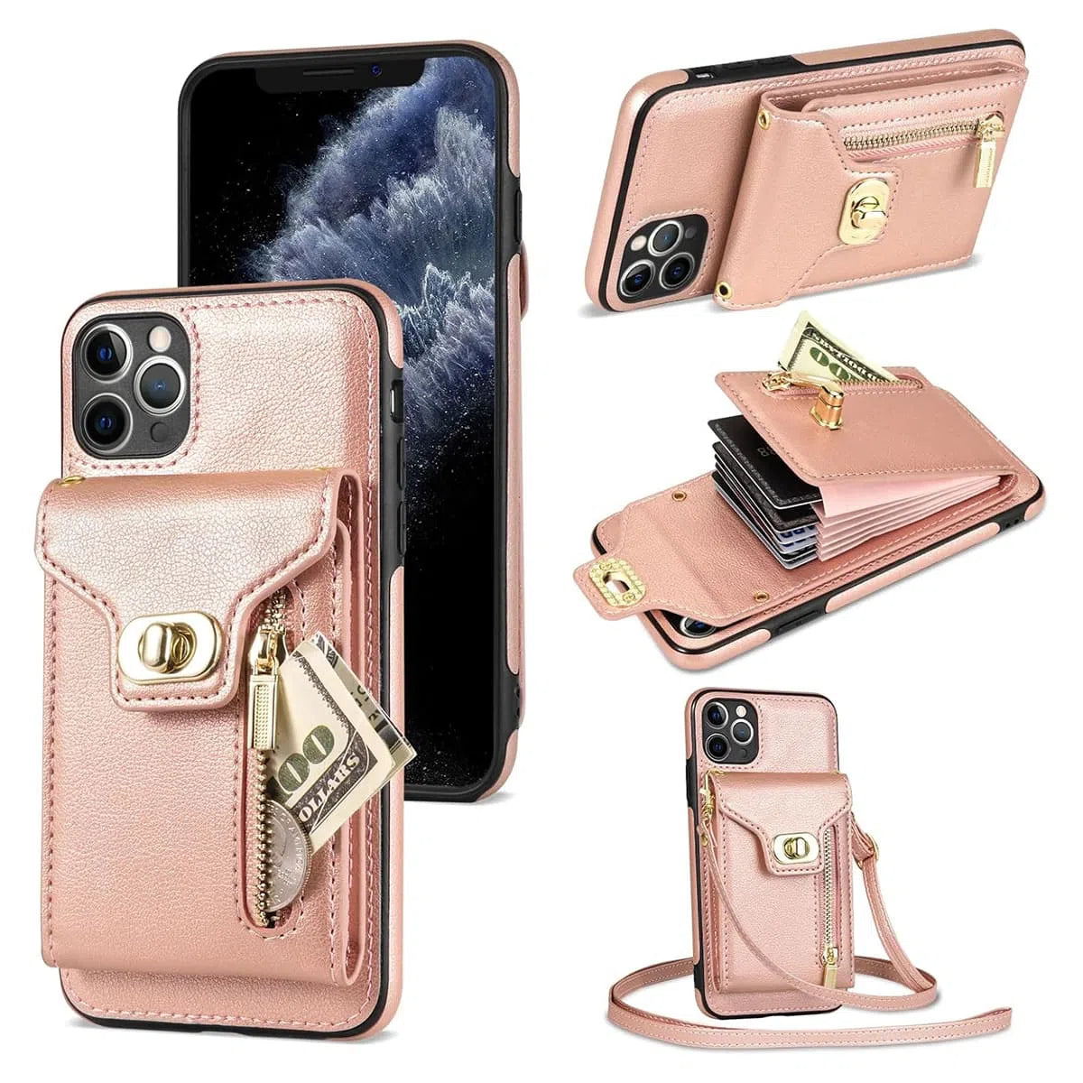 Buy Detachable Lanyard Leather Case Wallet Case Card Slot Shockproof Kickstand Zipper Closure Flip Leather Case for iPhone,Briella at Caseles-iPhone 16 Pro Max, Briella-Pink