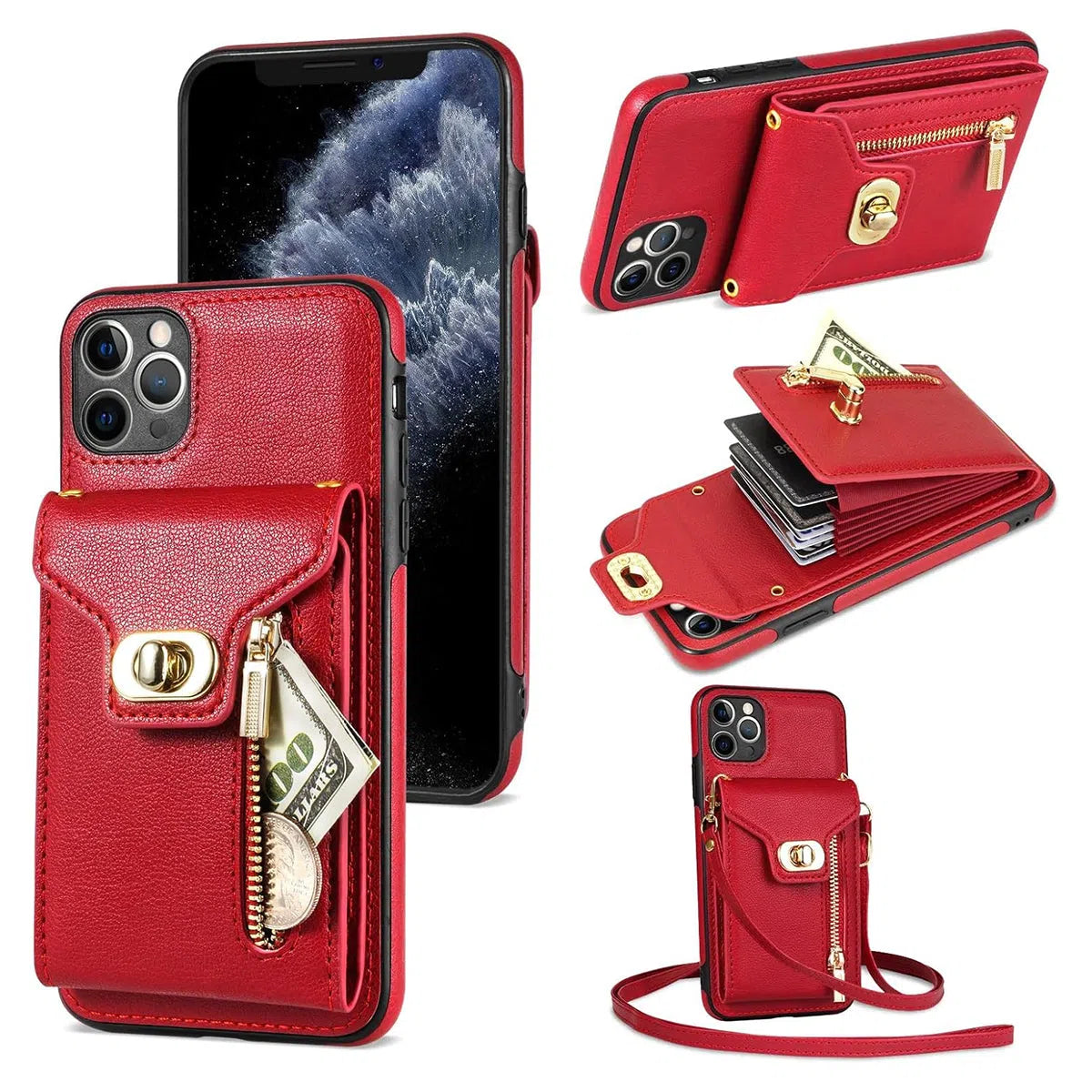 Buy Detachable Lanyard Leather Case Wallet Case Card Slot Shockproof Kickstand Zipper Closure Flip Leather Case for iPhone,Briana at Caseles-iPhone 16 Pro Max, Briana-Red