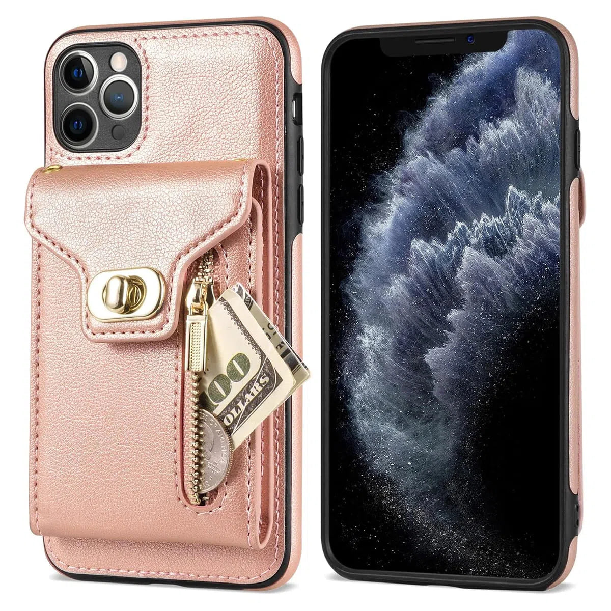 Buy Detachable Lanyard Leather Case Wallet Case Card Slot Shockproof Kickstand Zipper Closure Flip Leather Case for iPhone,Briella at Caseles-iPhone 16 Pro Max, Briella-Pink