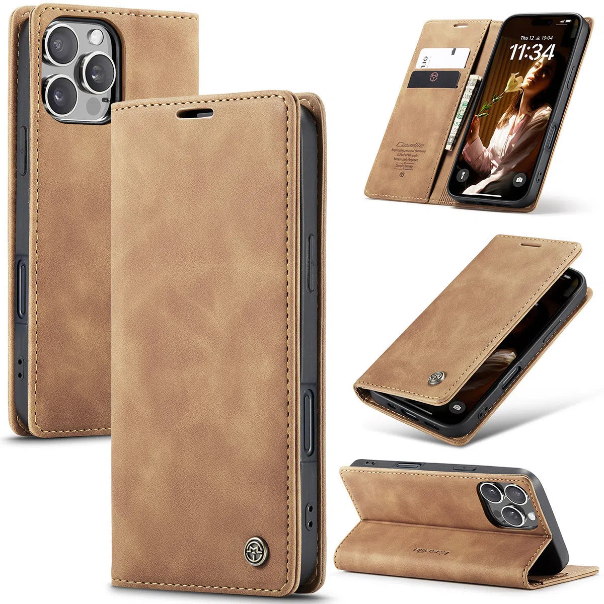 Buy Magnetic Flip Leather Card Wallet Case for iPhone, Kickstand & Drop Protection, BROOKS at Caseles-iPhone 16 Pro Max, BJM-Coffee