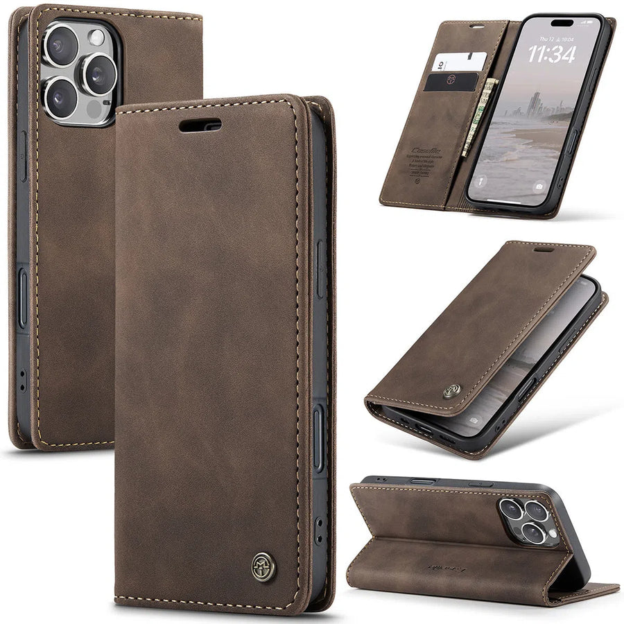 Buy Magnetic Flip Leather Card Wallet Case for iPhone, Kickstand & Drop Protection, BROOKS at Caseles-iPhone 16 Pro Max, BJM-Coffee