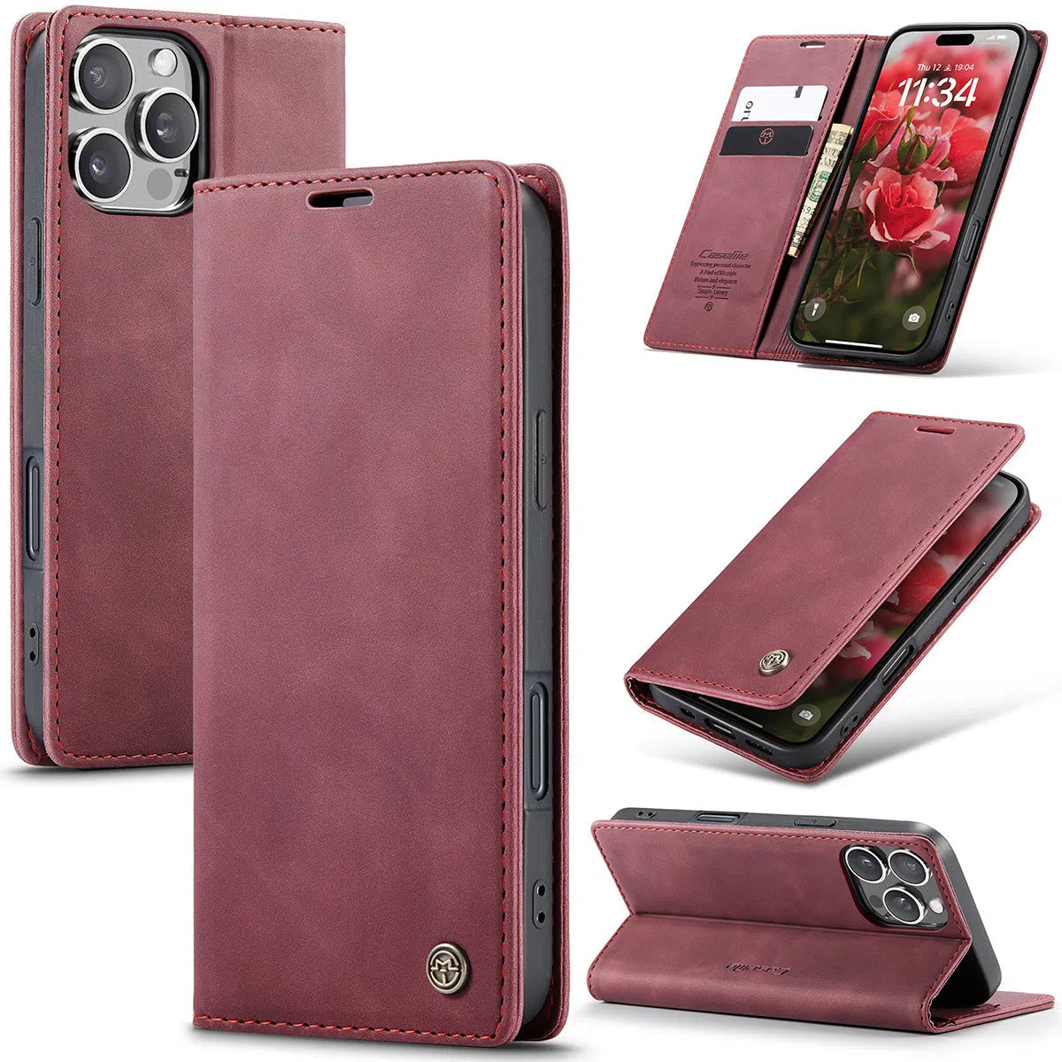 Buy Magnetic Flip Leather Card Wallet Case for iPhone, Kickstand & Drop Protection, BROOKS at Caseles-iPhone 16 Pro Max, BJM-Red