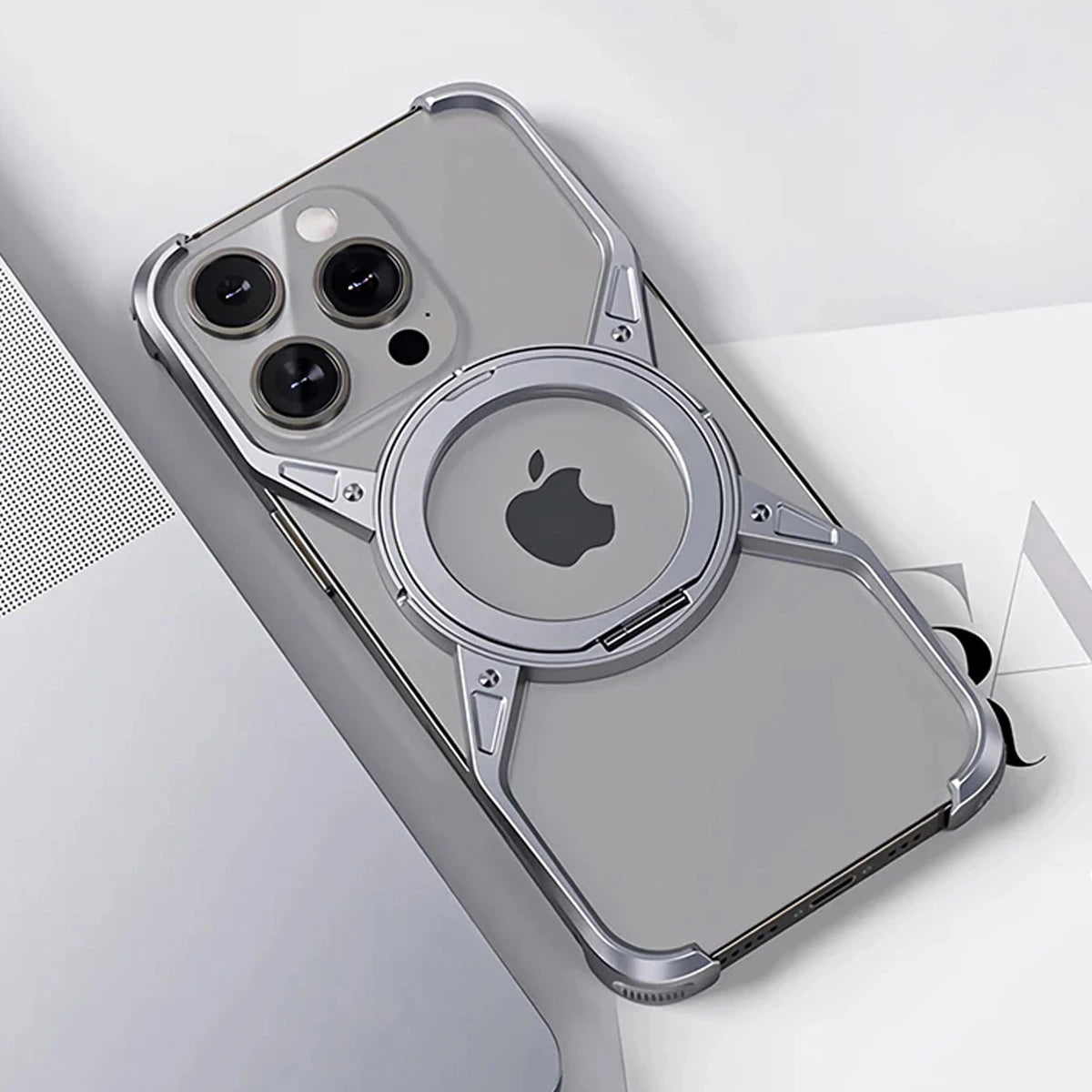 Buy Premium Aluminum Frameless Bumper Case Compatible with iPhone,Cool Design Luxury Metal Shockproof Anti-Scratch Slim Borderless case with Kickstand Magnetic Holder,Doge at Caseles-iPhone 16 Pro Max, Grey