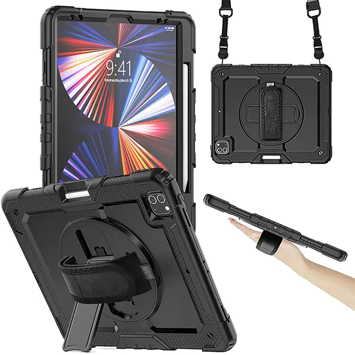 Buy Full Body Case for iPad, with Detachable Strap & Pencil Holder & built in Screen Protector 360 Rotating Hand Strap Stand Drop Proof Cover at Caseles-iPad Air 6 (2024 13 inch), CFBP-Black