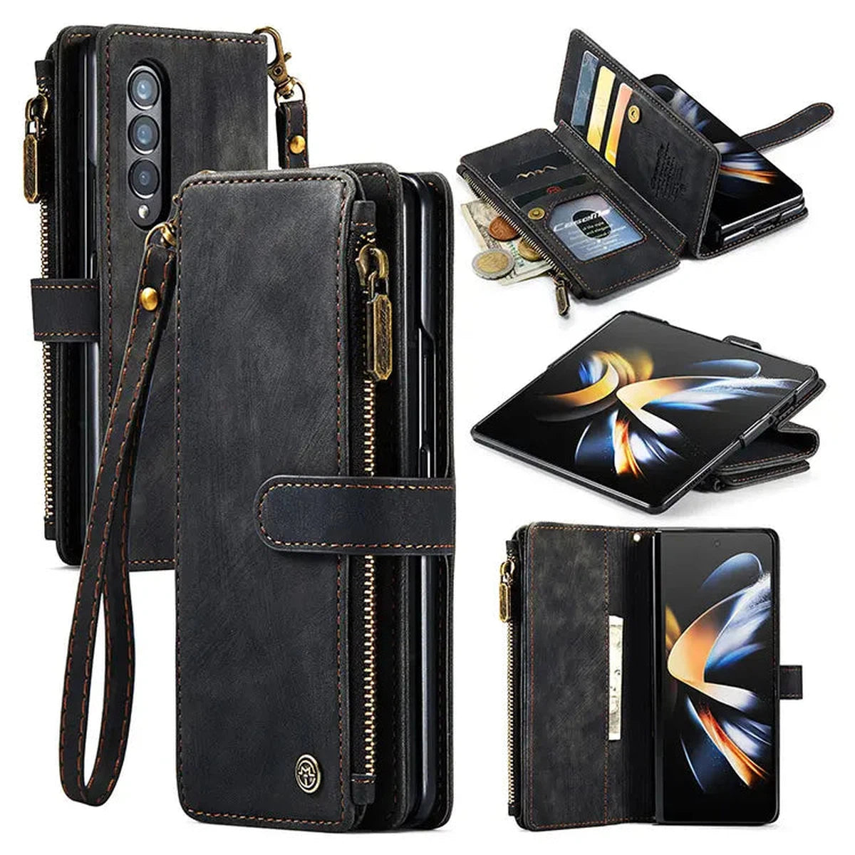 Buy Zipper Flip Folio Wallet Phone Case, Premium Leather Cover with Card Slots Cash Pocket Magnetic Closure and Kickstand,Devy at Caseles-Samsung Galaxy S24 Ultra, Black