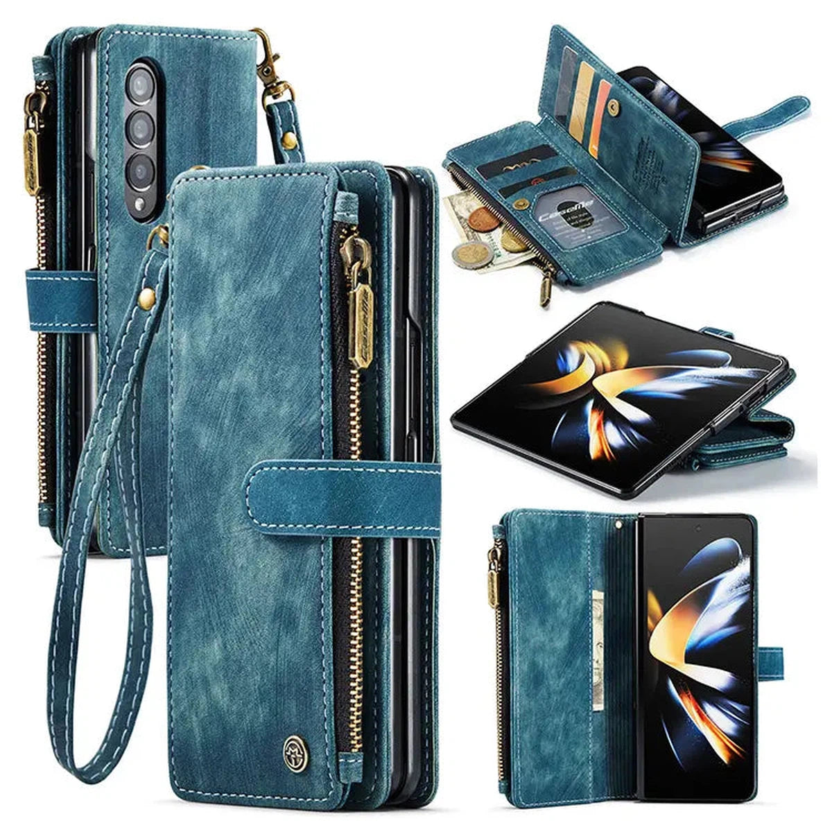 Buy Zipper Flip Folio Wallet Phone Case, Premium Leather Cover with Card Slots Cash Pocket Magnetic Closure and Kickstand,Devy at Caseles-Samsung Galaxy S24 Ultra, Blue