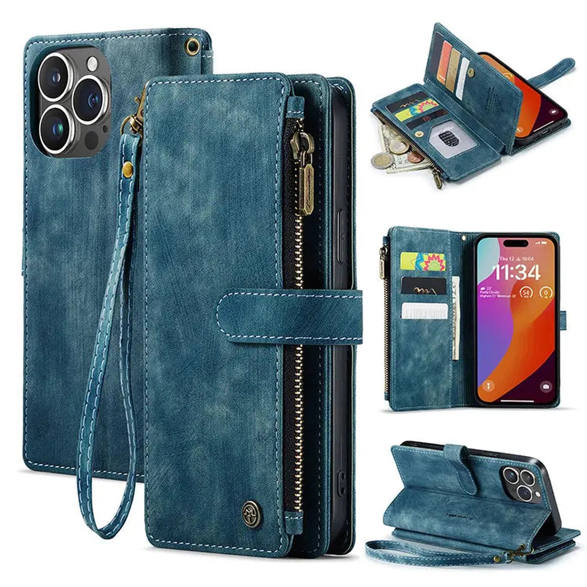 Buy Zipper Flip Folio Wallet Phone Case, Premium Leather Cover with Card Slots Cash Pocket Magnetic Closure and Kickstand,Devy at Caseles-iPhone 16 Pro Max, Blue