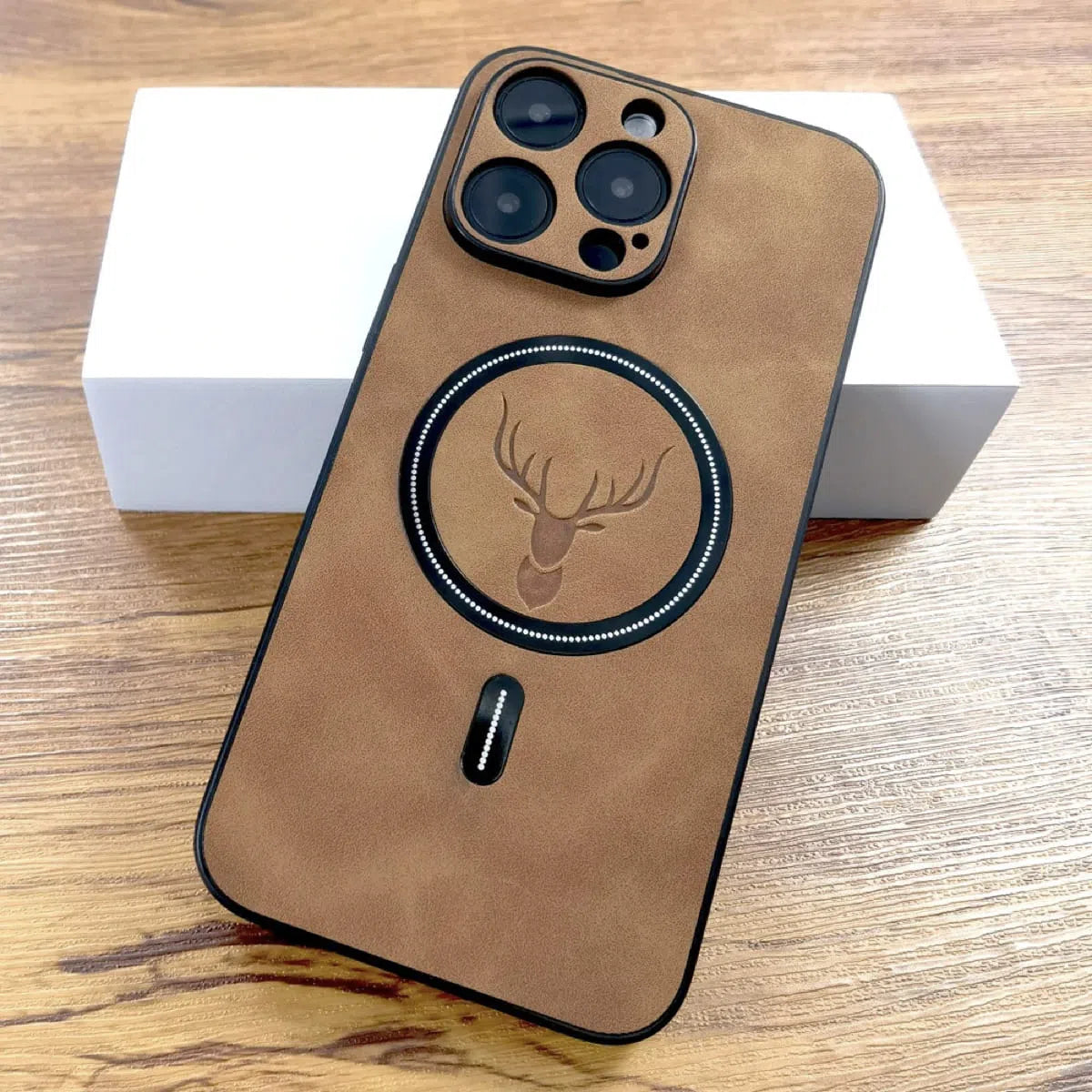 Buy Luxury PU Leather Deer Case For Magsafe Wireless Charge Full Cover,Elk at Caseles-iPhone 16 Pro Max, Oliver-LightBrown