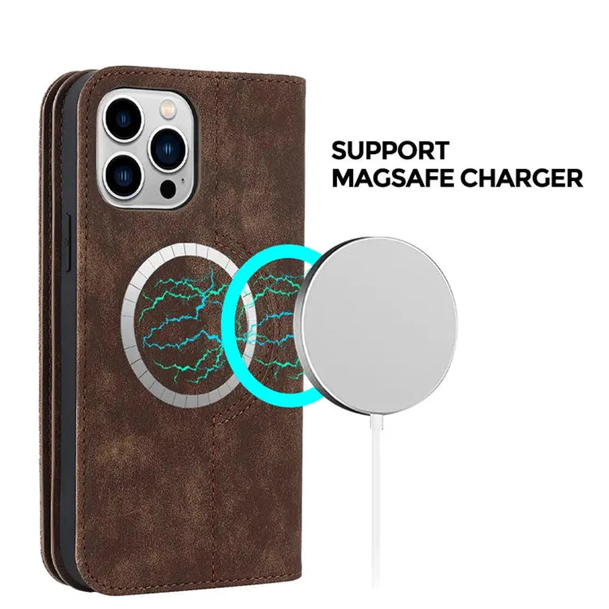 Buy Wallet Phone Case Compatible with MagSafe, Large Capacity, Cash Pocket, Card Slots, Flip Folio, Magnetic Closure & RFID Blocking, Support Wireless Charging, Shockproof Cover - MUSK at Caseles-iPhone 16 Pro Max, Musk-Brown