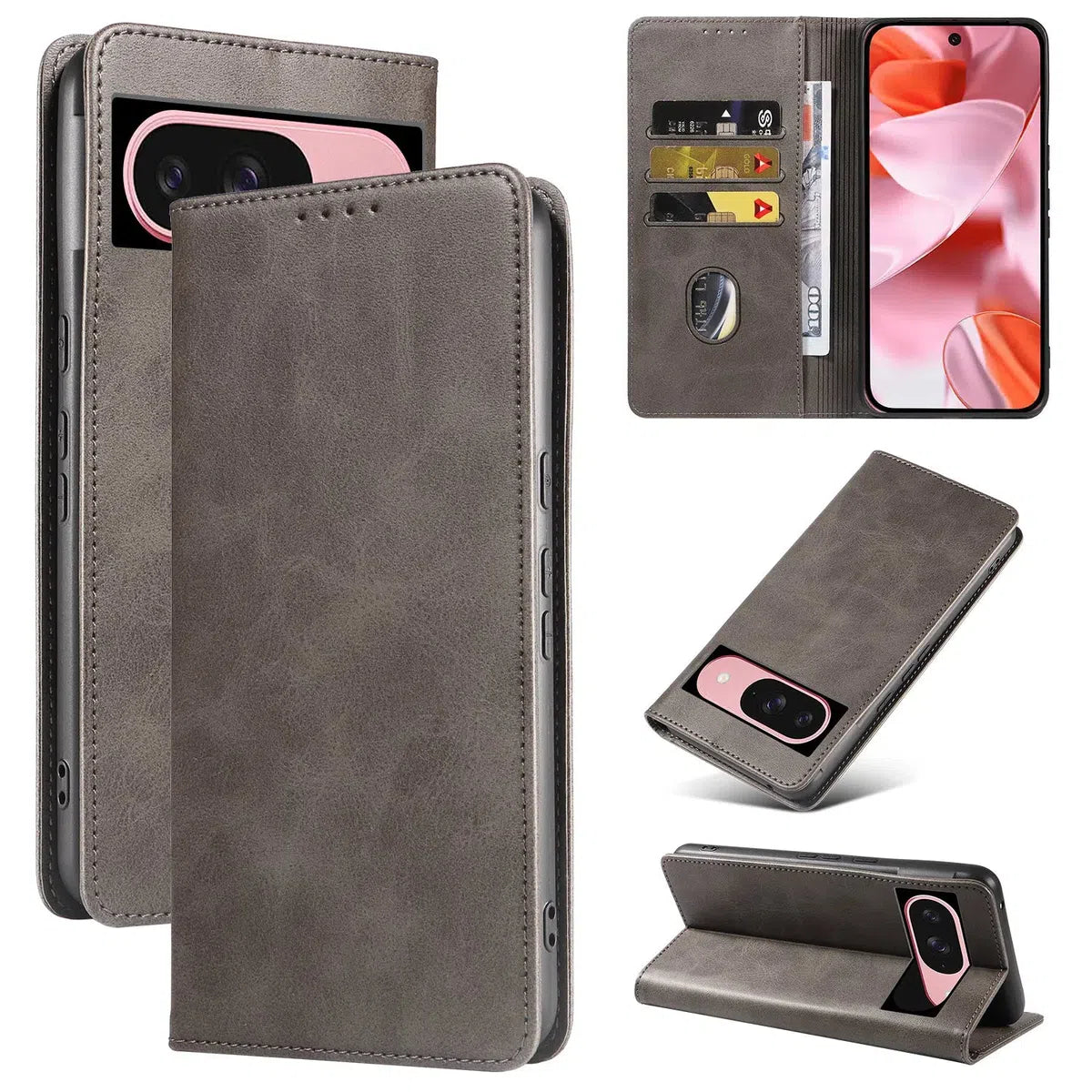 Buy Magnetic Folio Wallet Phone Case, Premium Leather, Credit Card Holder, Magnetic Closure, Flip Kickstand Shockproof Case,Barnett at Caseles-Google Pixel 9 Pro XL, Grey