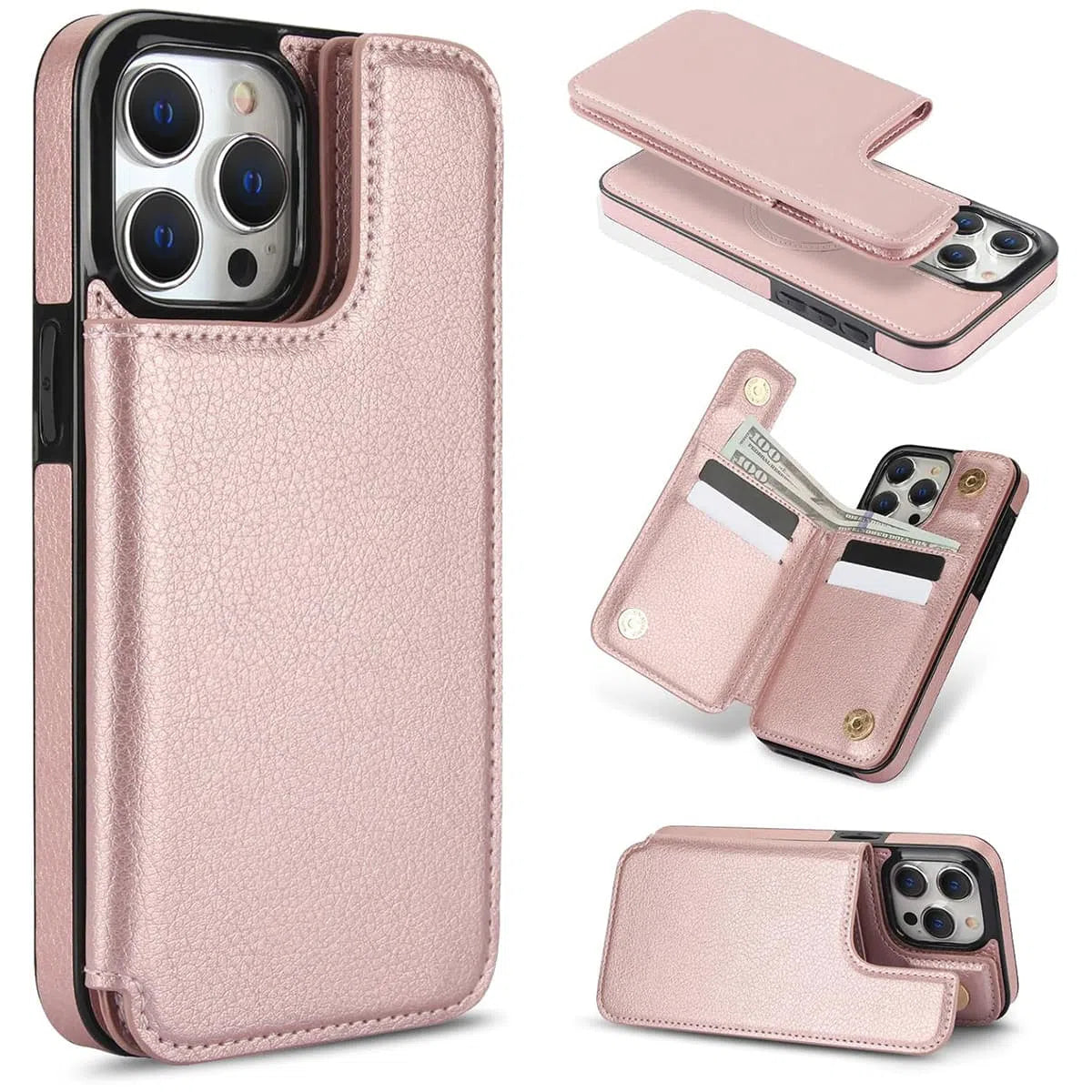 Buy iPhone Wallet Case, 4 Card Slots, Cash Slot, RFID Blocking, Magnetic, MagSafe Compatible,Liliana at Caseles-iPhone 16 Pro Max, Liliana-RoseGold