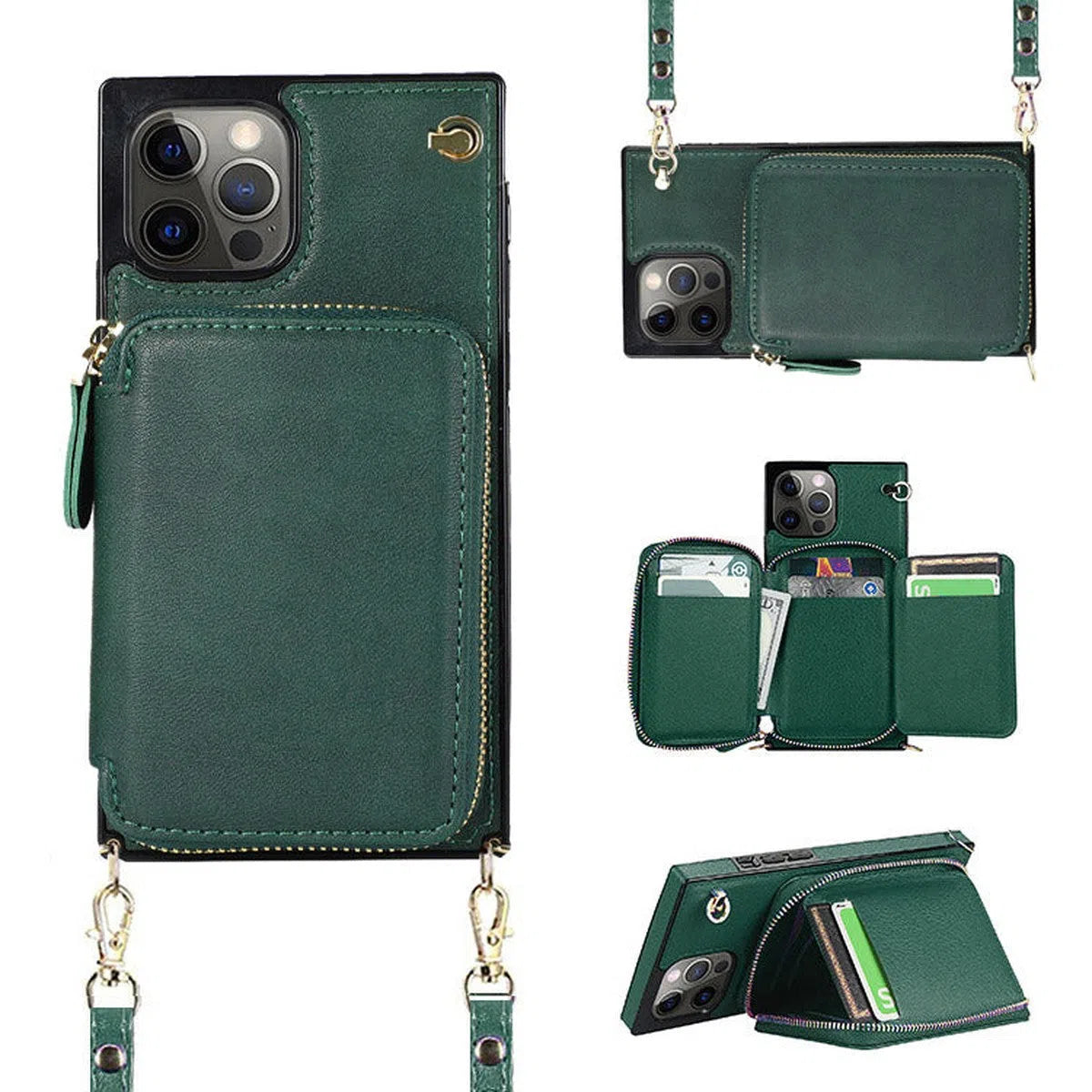 Buy Classic Crossbody Wallet Phone Case, Premium Leather, Credit Card Holder, Zipper Pocket Purse Handbag, Kickstand Shockproof Case - MIREYA at Caseles-iPhone 16 Pro Max, Mireya-Green