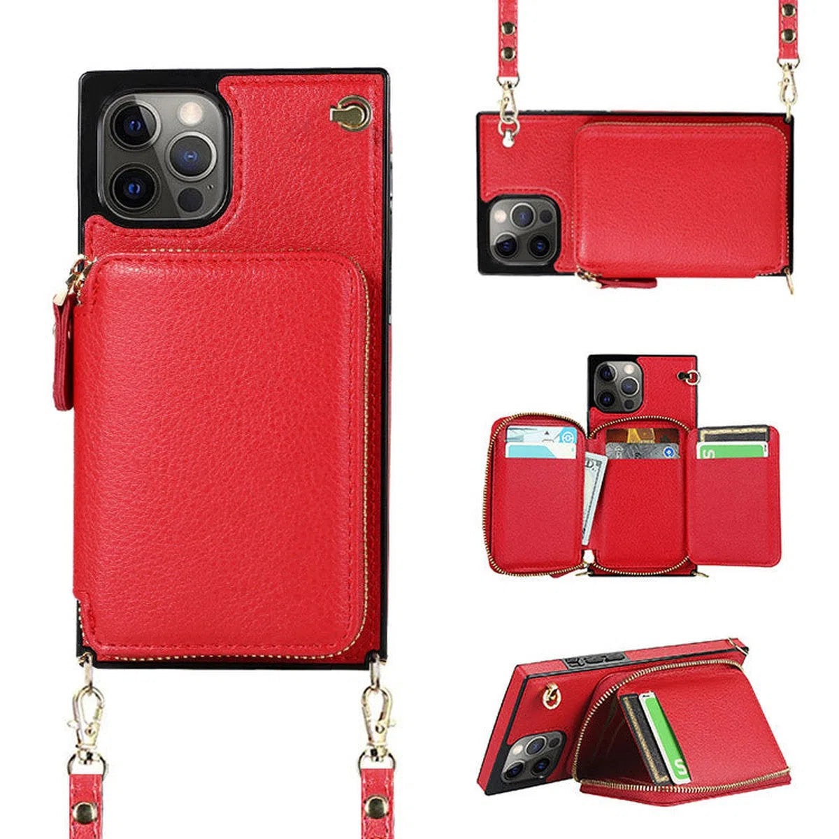 Buy Classic Crossbody Wallet Phone Case, Premium Leather, Credit Card Holder, Zipper Pocket Purse Handbag, Kickstand Shockproof Case - MIREYA at Caseles-iPhone 16 Pro Max, Mireya-Red