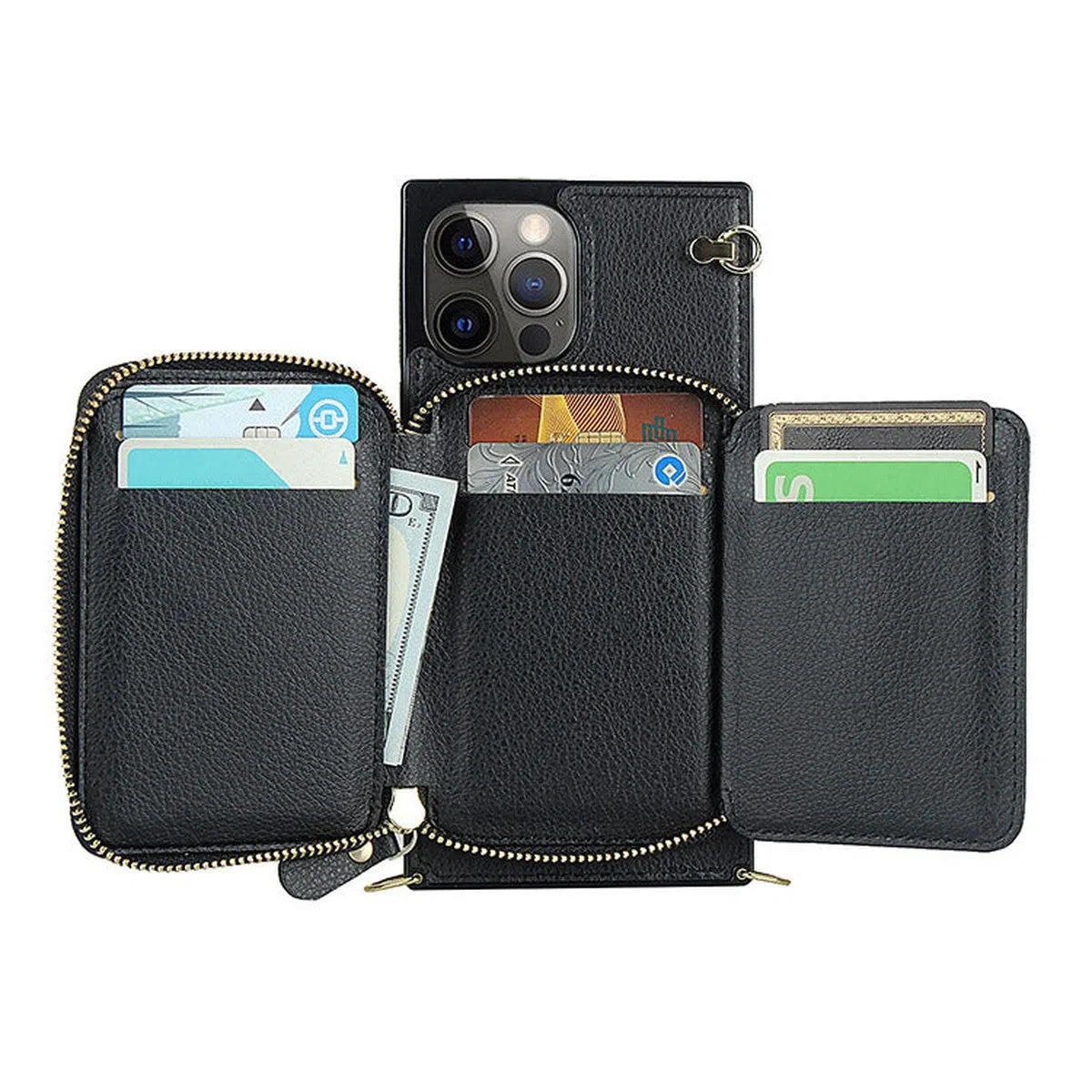 Buy Classic Crossbody Wallet Phone Case, Premium Leather, Credit Card Holder, Zipper Pocket Purse Handbag, Kickstand Shockproof Case - MIREYA at Caseles-iPhone 16 Pro Max, Mireya-Black