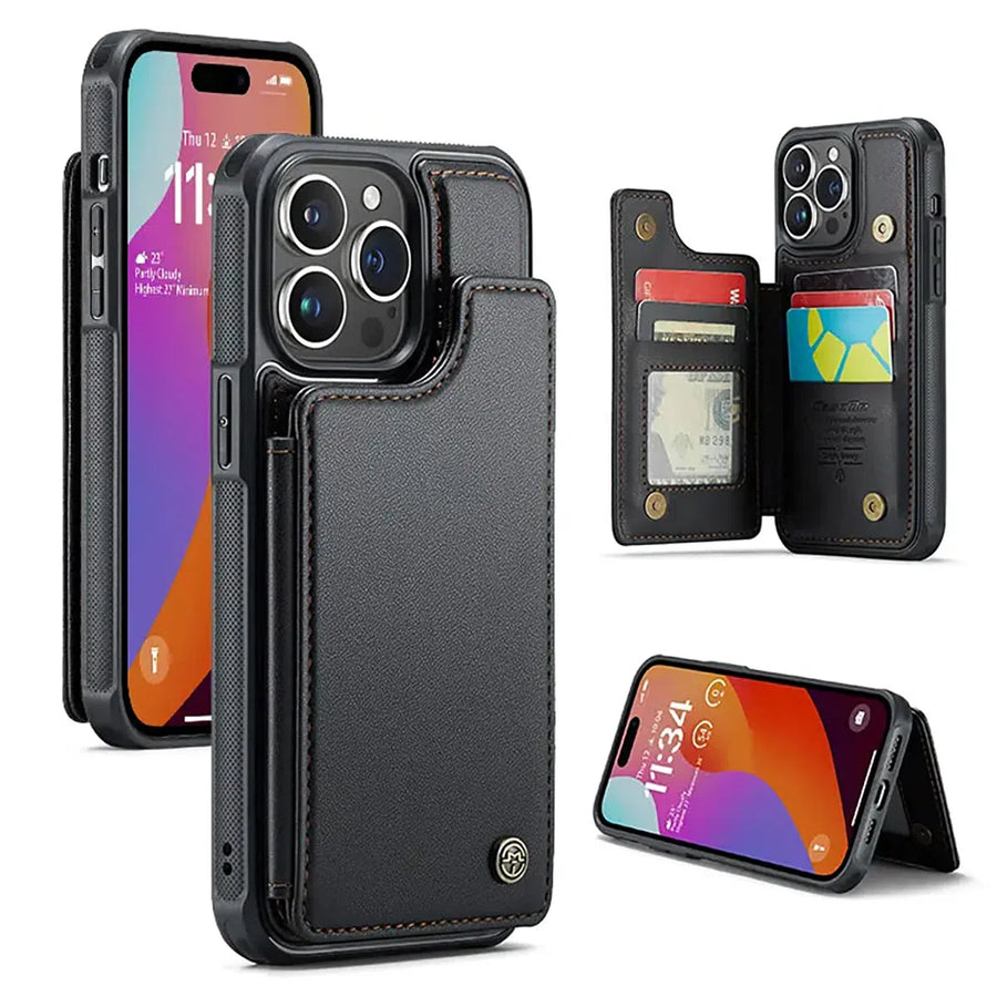 Buy Leather Flip Folio Phone Wallet Case, Magnetic Snap & RFID Blocking Card Slots, Kickstand Shockproof Protective Cover - NASH at Caseles-iPhone 16 Pro Max, Nash-Black