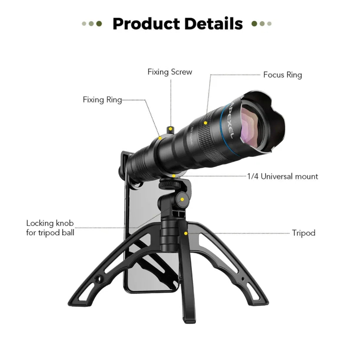 Buy HD 36X Metal Telephoto Monocular Lens with Tripod, Optical Zoom Phone Lens for Smartphones - PhoneKam Lens Pro suite at Caseles-Lens + Tripod, 