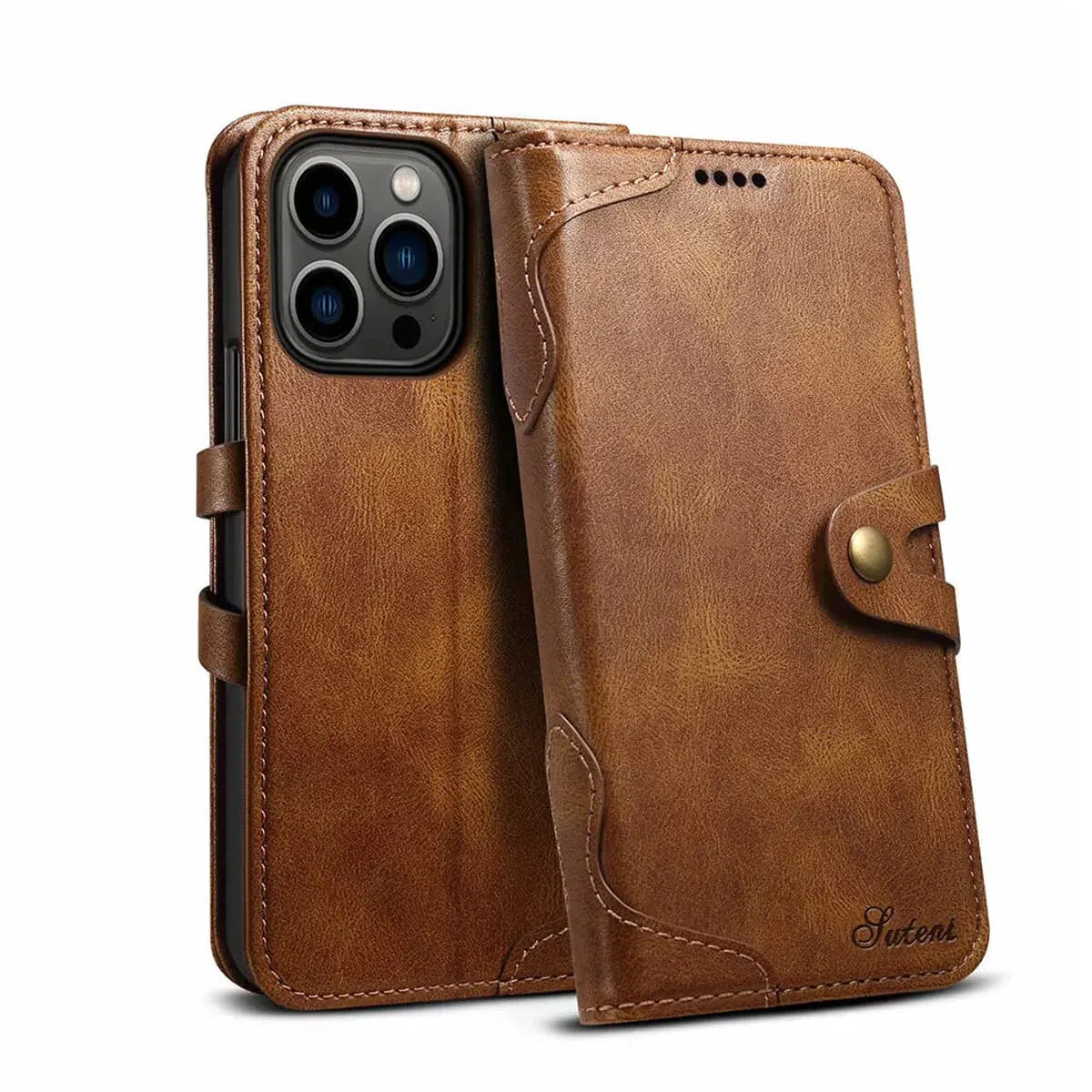 Buy Classic Book Flip Folio Wallet Phone Case, Magnetic Closure, Flip Folio, Card Holder, Kickstand - SUTENI at Caseles-iPhone 16 Pro Max, Suteni-Brown