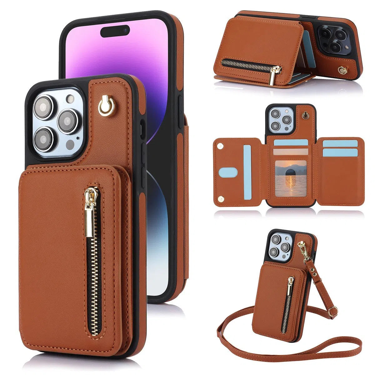 Buy Wallet Crossbody Case for iPhone with RFID Blocking Card Holders Zipper Purse Storage Kickstand Function Detachable Wrist Lanyard Shoulder Strap Shockproof Wallet Case - SCARLETT at Caseles-iPhone 16 Pro Max, Scarlett-Brown