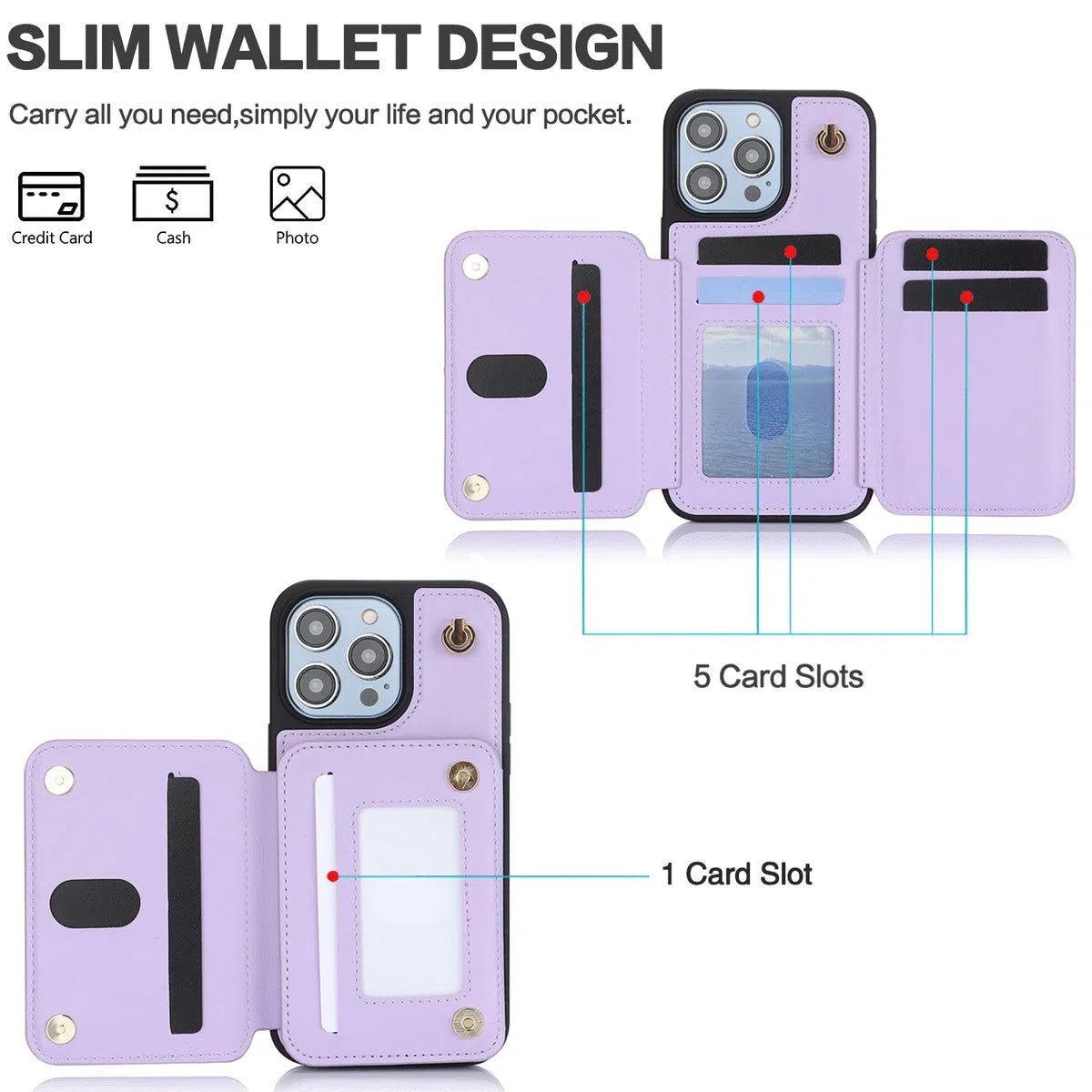 Buy Wallet Crossbody Case for iPhone with RFID Blocking Card Holders Zipper Purse Storage Kickstand Function Detachable Wrist Lanyard Shoulder Strap Shockproof Wallet Case - SCARLETT at Caseles-iPhone 16 Pro Max, Scarlett-LightPurple