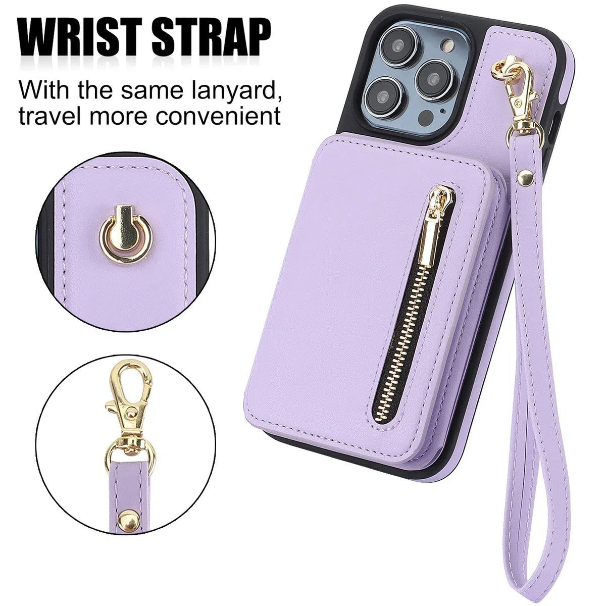 Buy Wallet Crossbody Case for iPhone with RFID Blocking Card Holders Zipper Purse Storage Kickstand Function Detachable Wrist Lanyard Shoulder Strap Shockproof Wallet Case - SCARLETT at Caseles-iPhone 16 Pro Max, Scarlett-LightPurple