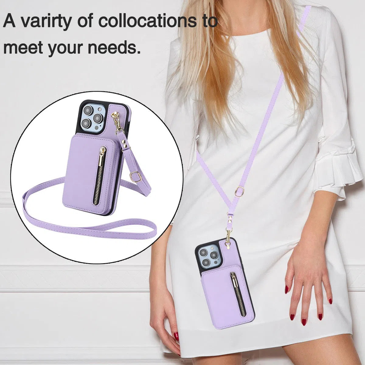 Buy Wallet Crossbody Case for iPhone with RFID Blocking Card Holders Zipper Purse Storage Kickstand Function Detachable Wrist Lanyard Shoulder Strap Shockproof Wallet Case - SCARLETT at Caseles-iPhone 16 Pro Max, Scarlett-LightPurple