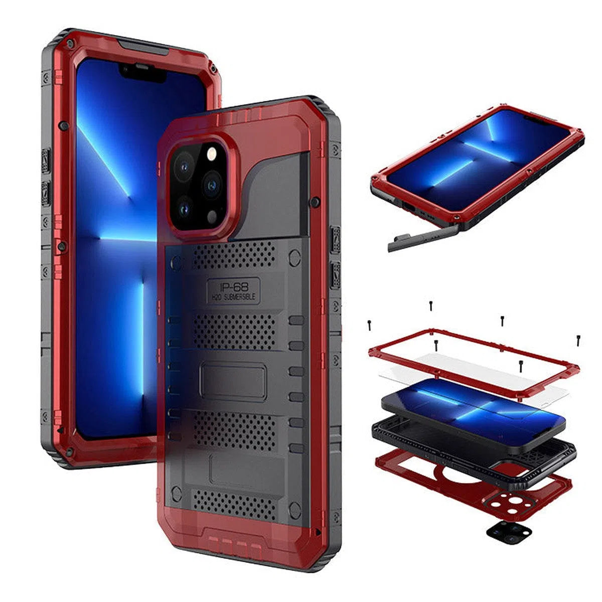 Buy Metal Waterproof Phone Case, with Built in Screen Protector, FullBody Protective Shockproof Heavy Duty Rugged Defender Cover - TIVON at Caseles-iPhone 16 Pro Max, Tivon-Red