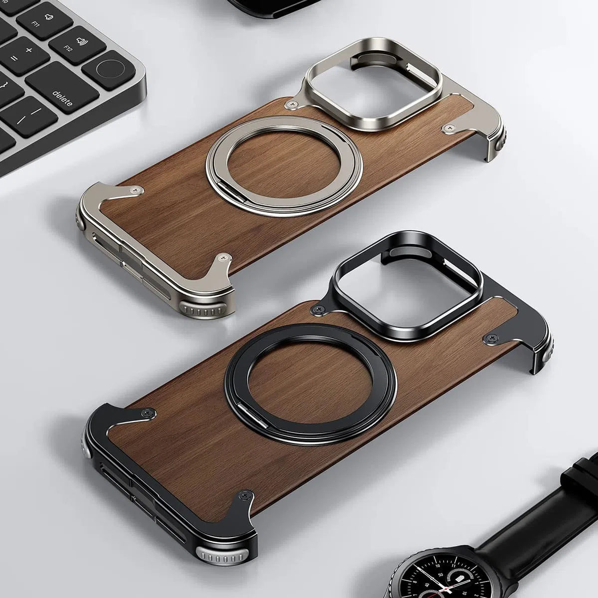 Buy Magnetic Wood Case Compatible with iPhone, Natural Wood & Aluminum Shockproof Protective Cover Unique Wooden Case with 360° Ring Stand, Natural Titanium - WYATT at Caseles-iPhone 16 Pro Max, Black