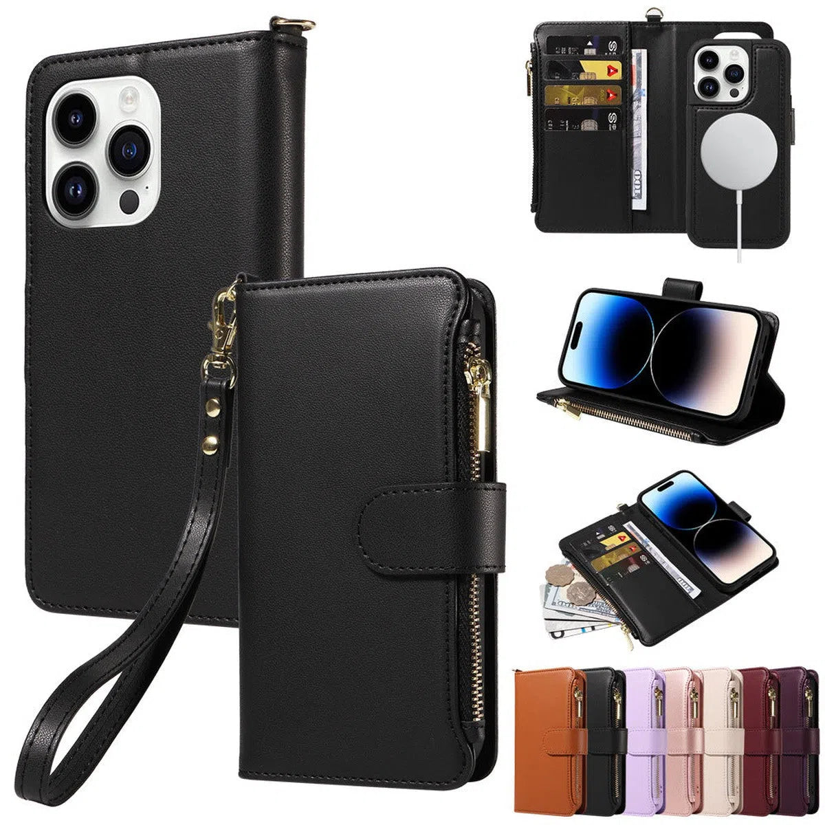 Buy Multifunctional card holder supports more than 5 credit cards Wallet mobile phone case Leather mobile phone case - ZOLA at Caseles-iPhone 16 Pro Max, Black